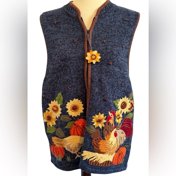 Tiara International Sweaters - Vintage Tiara International Rooster Sunflower Blue Sleeveless Vest Size Large